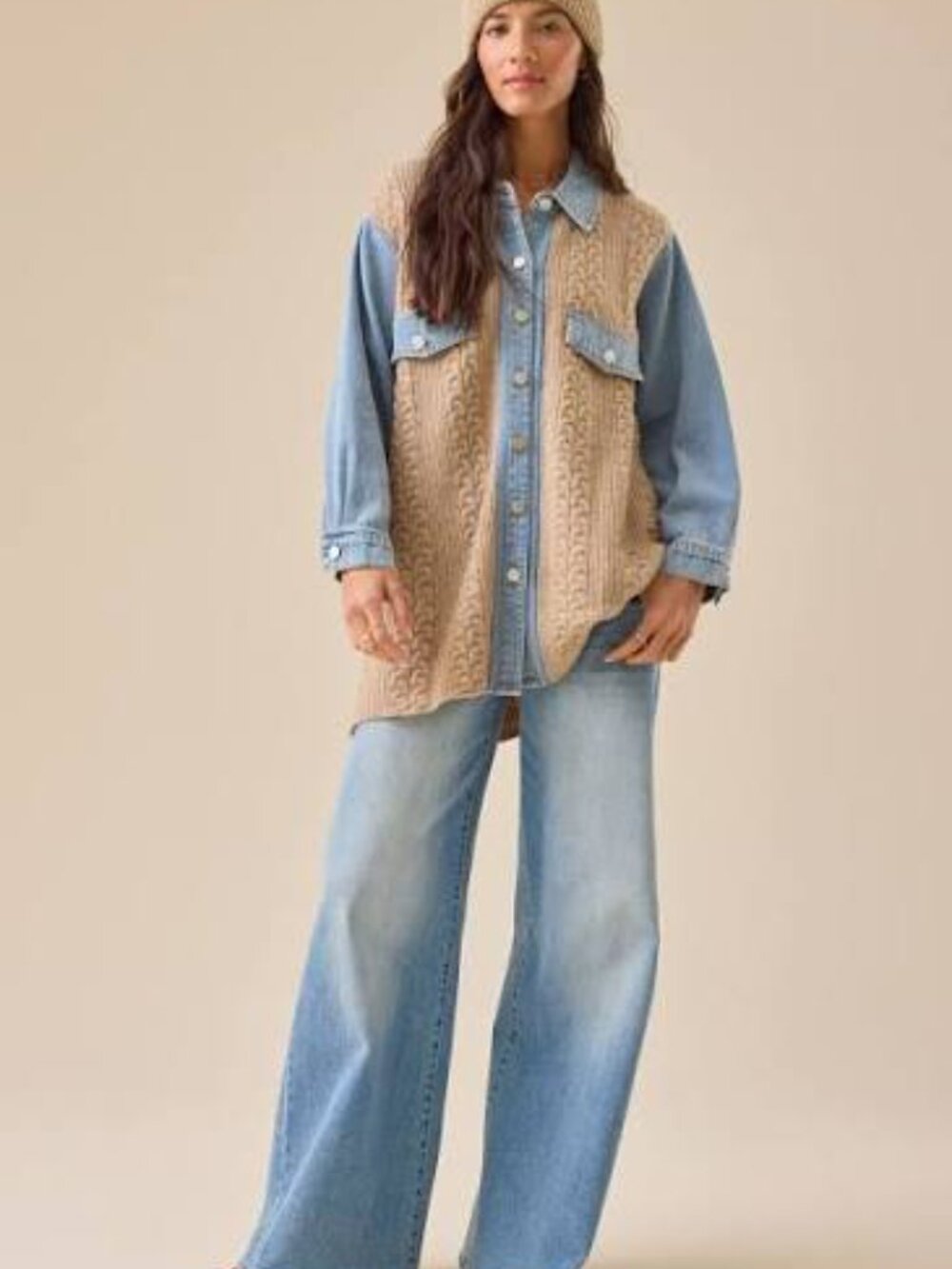 Altar'd State Wilma Cable Knit Denim Shacket | Taupe & Denim | S/M - Picture 2 of 8